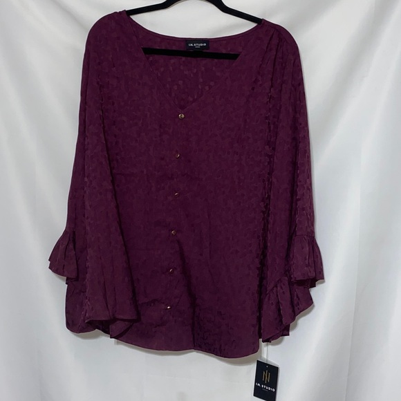 NWT I.N.STUDIOS WO SIZE 2X EGGPLANT PURPLE RUFFLE SLEEVES SOFT FLOWY SHIRT - Picture 2 of 12